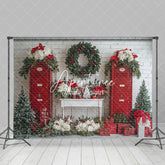 Aperturee - Aperturee Wreaths Red Door Warm Winter Christmas Scene Backdrop
